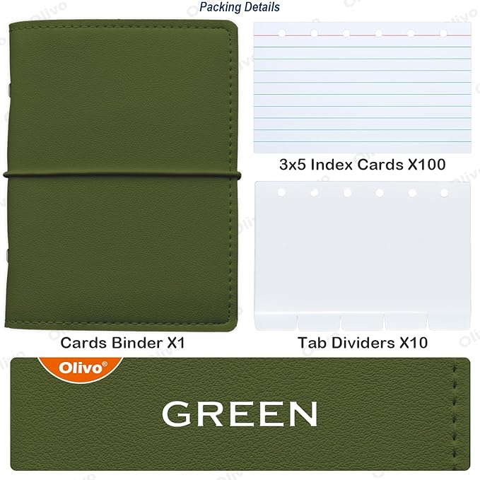 3x5 Lined Index Cards with Ring Binder Holder and Dividers, 100 Note Cards, Green