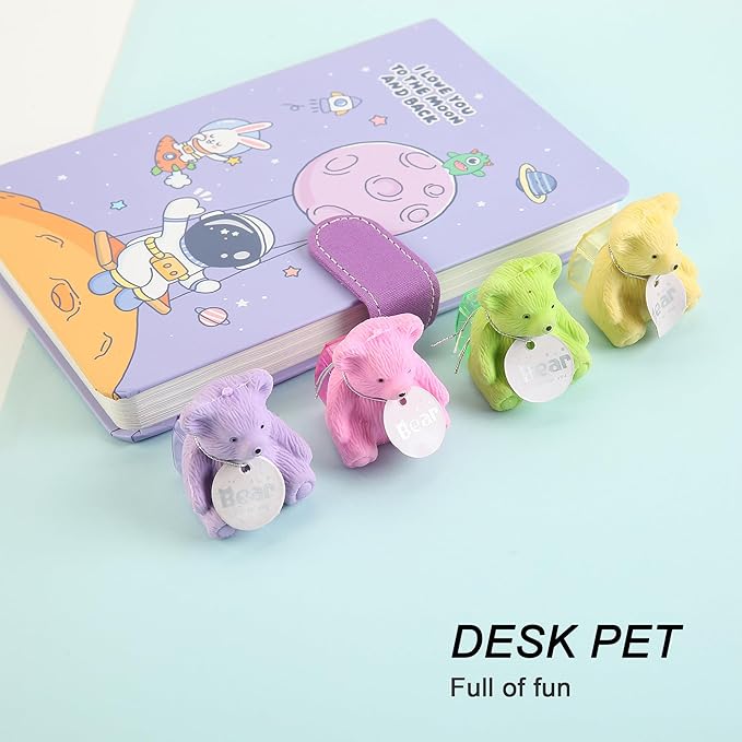 HILAZA 8Pcs Cute Backpack Bear Erasers Desk Petski, Kawaii Fun Animal Erasers with Pencil Sharpener for School Classroom Supplies Prize Gifts Party Favors