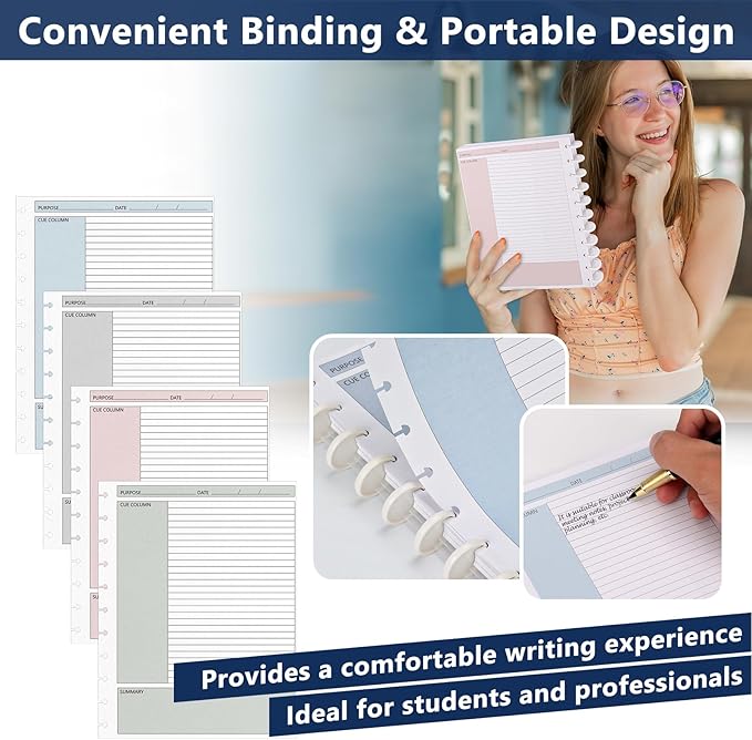 100 Sheet 11-Disc Cornell Notes Loose Leaf Paper 8.5×11 Inch for Discbound Planner Letter Size College Ruled Cornell Note Notebook 9/32" Spacing Taking System Filler Paper for School Office 80gsm