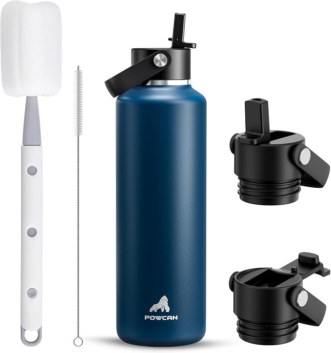 POWCAN 24 oz Insulated Stainless Steel Water Bottle with 2 Lids, Straw & Spout Lid, Cleaning Brush, Leakproof, Keep Cold 24H, Cupholder Friendly for School, Sport, Outdoors (Indigo)