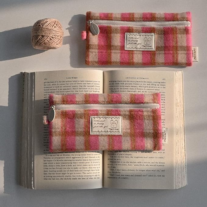 Monolike Unmatched Friends Old Check Pencil Case, Hot Pink - Pencil Pouch, Portable Pencil Bag, Pencil Case, Office Pouch case, Cushion, Soft, Vintage