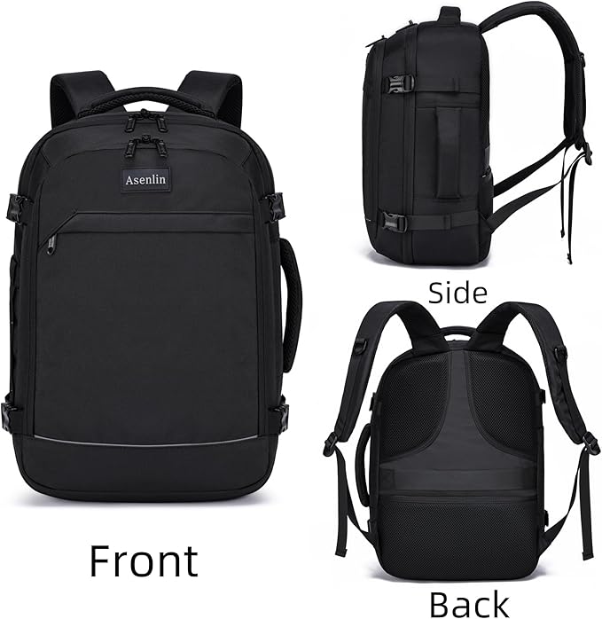 Asenlin Travel Backpack for Women Men,Flight Approved Carry On Luggage 30L Water Resistant Business Laptop Backpacks Fits TSA 15.6 Inch Computer College Weekender Outdoor Hiking-Black