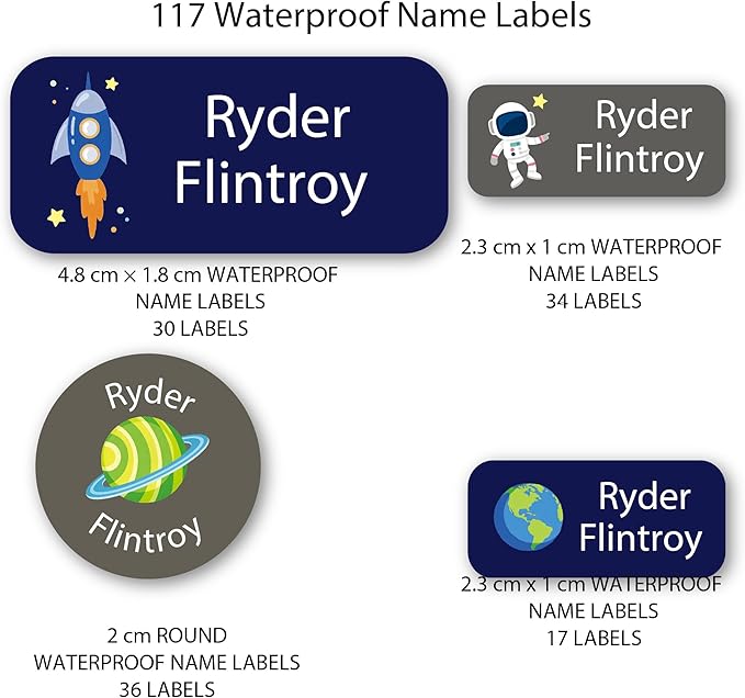 Personalized Kids Name Labels – Waterproof Custom Stickers for Daycare & School, 117 Pack, Dishwasher & Laundry Safe (Space)