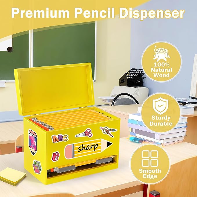 Aigybobo Pencil Dispenser for Classroom, Wooden Desk Pencil Holder, Yellow | Teacher Must Haves, Classroom Organization, Wooden Dispenser for Pencils or Straws, for Offices, Kitchens, Restaurants