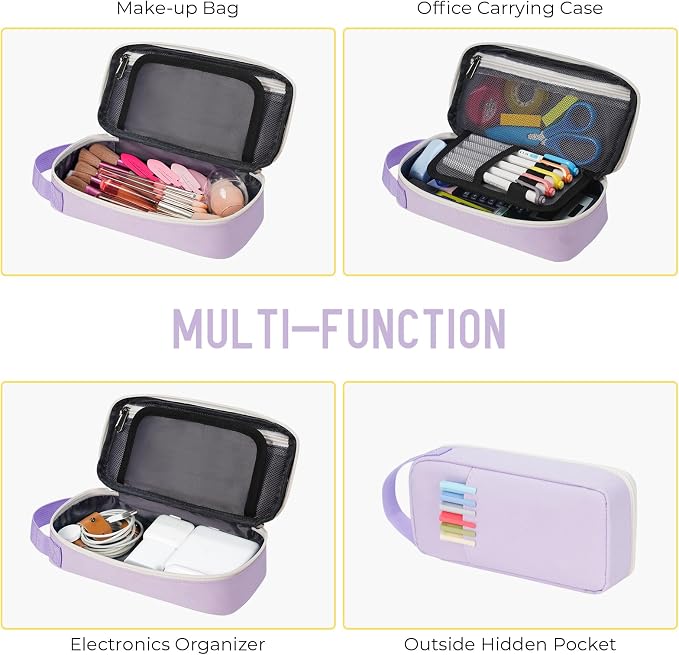 ECHSRT Large Capacity Pencil Case with Hidden Pocket, 1200D Oxford Fabric Zipper Pencil Pouch with Handle, Multi-Pocket Stationery Organizer for Office, College, Travel and Daily Carry, Light Purple