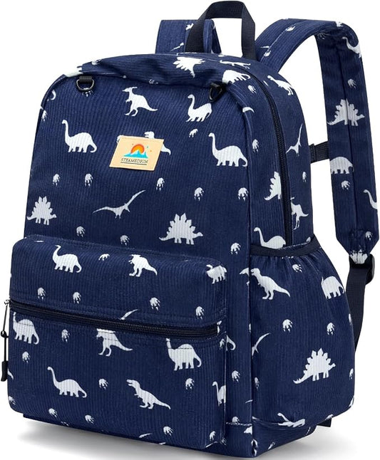 STEAMEDBUN Corduroy Kids Backpack for Boys and Girls 5-8: Boys Backpack for Elementary Kindergarten - 15 inch Cute Backpacks for Kids - Dinosaur