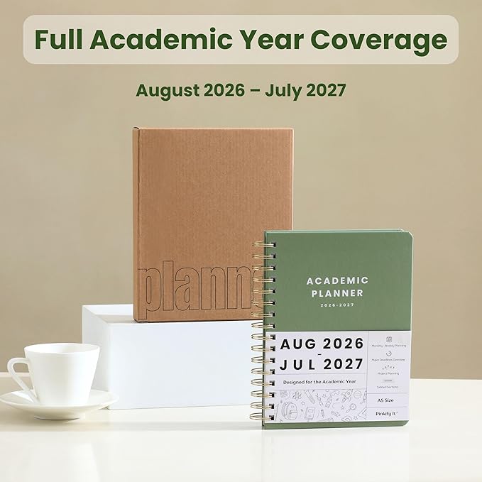 Academic Planner Aug 2026-Jul 2027, A5 Size, Student Planner with Monthly & Weekly Layout, Spiral Planner with Tabs, Class Schedule, Major Deadlines & Project Planning (Green)