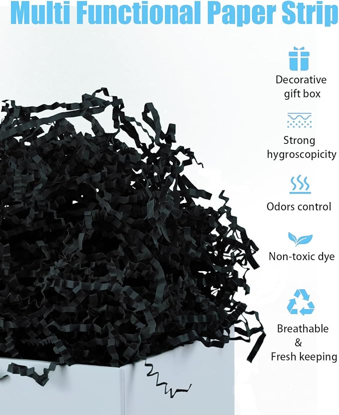 Raissily 10.5oz/300g Crinkle Cut Paper Shred Filler, Packing Grass Cushion for Christmas Wedding Birthday Anniversaries Easter Halloween Confetti Box Bag Basket Filling Gift Decoration - Black