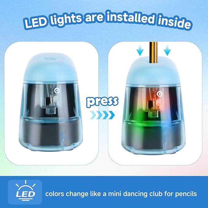 Battery-Operated Electric Pencil Sharpener with LED Light – Compact & Portable Pencil Sharpener for Home, School, or Office Use (Blue)