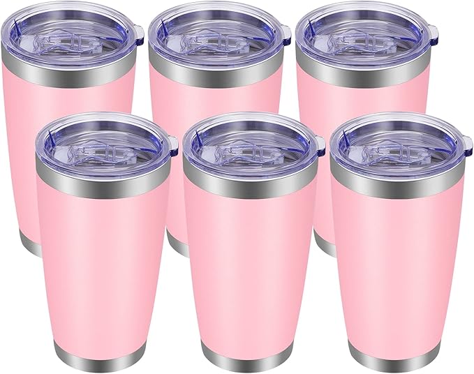 VEGOND 20oz Tumbler with Lid and Straw Stainless Steel Tumbler Cup Bulk Vacuum Insulated Double Wall Travel Coffee Mug Powder Coated Coffee Cup, Pink, 6 Pack