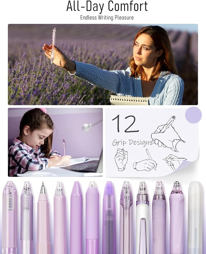 Four Candies Gel Pens, Cute Purple Pens Black Ink, 0.5mm Fine Point 12-Pack | Back to School Supplies, Office Essentials for Women, Girly Stationery Set, Aesthetic Desk Decor & Accessories - Lavender