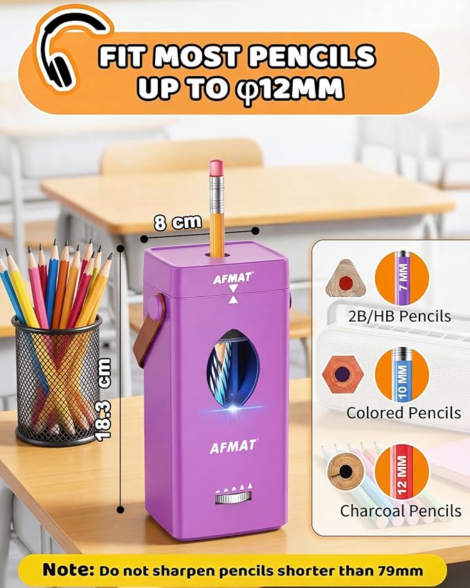 AFMAT Electric Pencil Sharpener, Fully Automatic Pencil Sharpener for 6-12mm No.2/Jumbo Pencils, Auto in & Out, 5 Sharpness Modes, Rechargeable Heavy Duty Sharpeners for Classroom/Home/Office PSC7