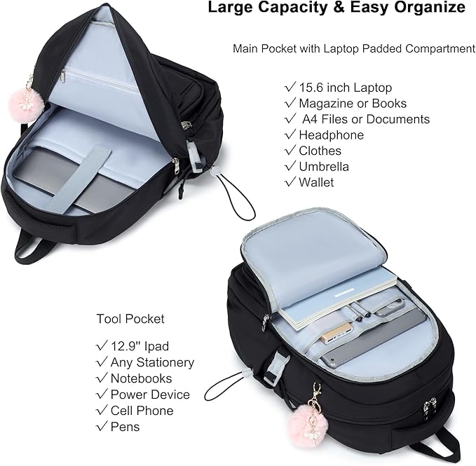 School Bag for Teens Girls,Girls Backpack Set,3 PCS Kids Backpack for Women,15.6 Inch Laptop Middle High School College Student Casual Travel Daypack with Lunch Box Pencil Pouch Set(Black)