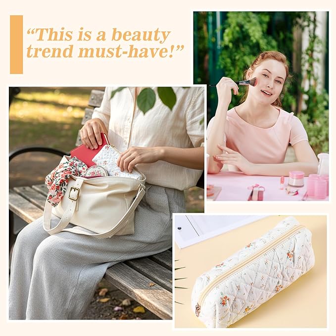 Flowers Pencil Case, Cute Pencil Case, Aesthetic Pencils Bag with Zipper, Soft Quilted Pencils Pouch Organizer, Wide Opening Makeup Bag for Office College