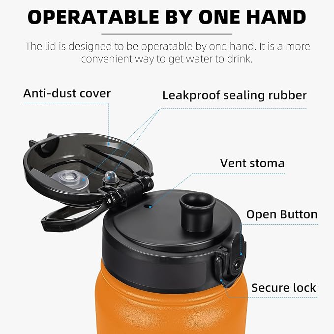 Fanhaw 32 oz Insulated Stainless Steel Water Bottle with Anti-Dust Chug Lid, Leakproof Vacuum Sports Bottle for Kids, Teens & Adults, Back to School Essentials (Yellow Orange)