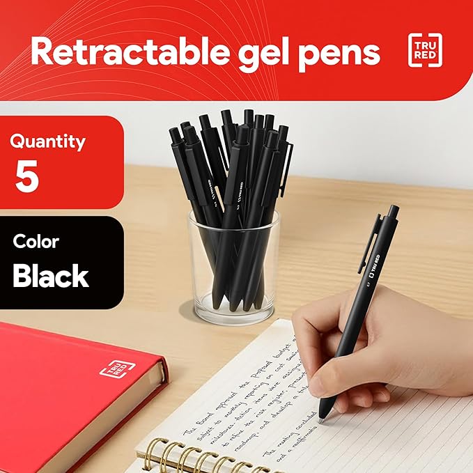 TRU RED Retractable Gel Pens, Medium Point 0.7mm, Black Ink, 5 Pack – Quick‑Dry Pens for No‑Smear Notes & Office Writing