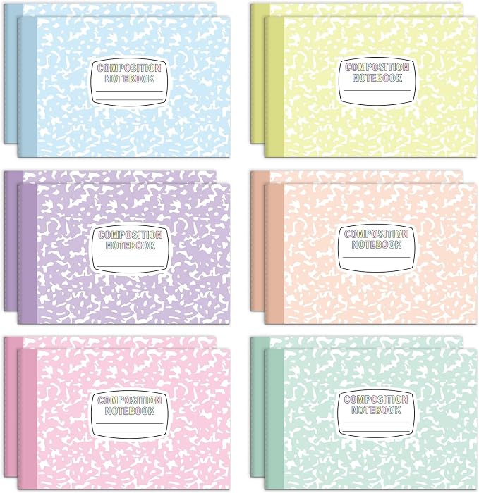 12 Pack Half Size Composition Notebooks Wide Ruled Marble Journal, Pastel