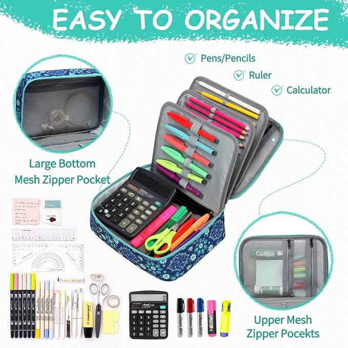 VASCHY Large Pencil Case Bag, Art Supply Marker Organizer Big Pen Pouch with 3 Detachable Layers Slots Multiple Zipper Pockets for Kids Adults School Office Blue Snowflake