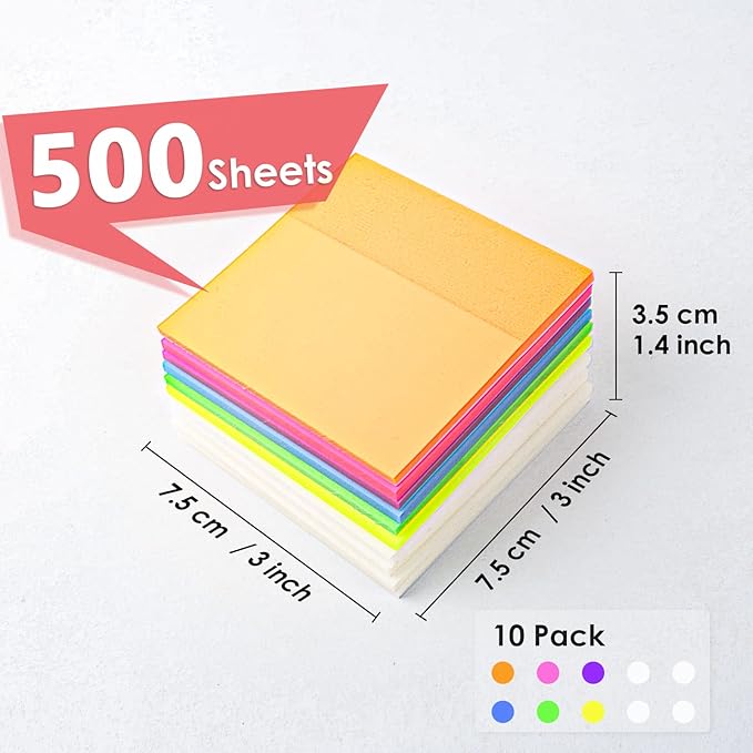 Transparent Sticky Notes 500 Pcs, MIUTME Clear Sticky Notes Waterproof Translucent Color Memo Pad 3 x 3 inch, See Through Notes for Office College School Supplies Pads (7 Colors)