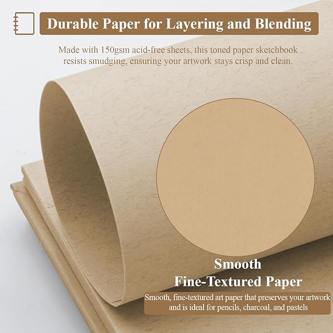 SuFly Toned Paper Sketch Book, 11x14 Inches, 60 Sheets - 90lb/150gsm Toned Tan Paper for Mixed Media, Charcoal, Graphite, Colored Pencils & White Gel Pens, 100% Recycled, Wire-O Bound.