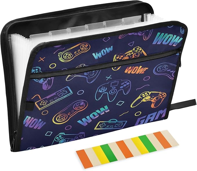 Game Controller Seamless 13 Pocket File Organizer Expanding File Folder with Front Pouch Portable Business File Storage Document Organizer Folder with Zipper