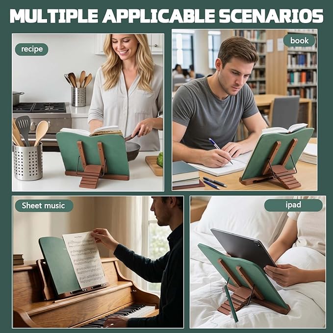 Wooden Book Stand for Reading, Adjustable Book Holder, Foldable Designs, and Elastic Clips, Multifunctional Display Stand for Book, Cookbooks, Recipe, Magazines, Tabletop Easel, Tablets, Laptops
