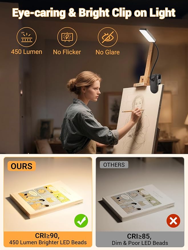 Clip on Light,9 Brightness+5 Colors Rechargeable Lamp,4000mAh Battery Powered Lamp,450 Lumen 48 LED Desk Lamp with Clamp,Cordless & Wireless Lamp,Reading Light for Bed/Headboard/Table/Dorm/Home Office