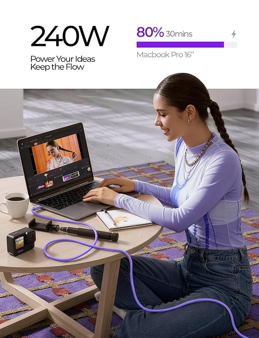 LISEN 10FT USB C Cable Fast Charging, Chubby 240W Cable USB C to USB C Fast Charging Soft Silicone USBC to USBC Parallel Cable for iPhone 17 Pro Max 16 15 Samsung S25 Ultra MacBook Pro Air iPad Purple
