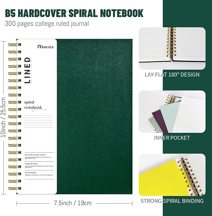 Hardcover Spiral Notebook with removable dividers 300 page,5 Subject Notebook 8"x10" B5 College Ruled Notebooks for School Note taking，Lined Journal for Women (Green)