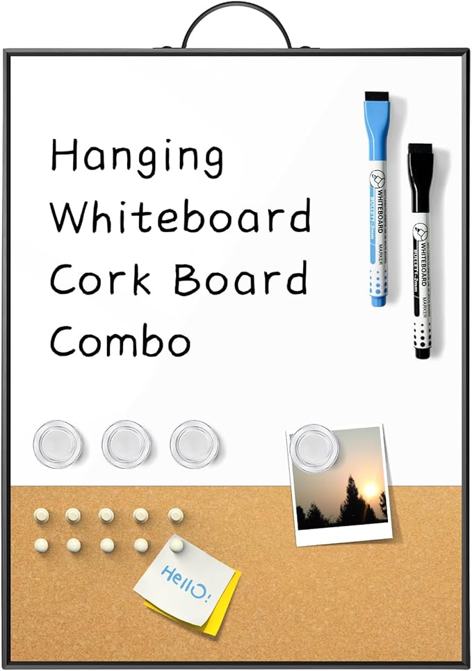 Small White Board Cork Board Combo, 16"x12" Black Aluminum Frame with Handle for Wall Hanging, Dry Erase Magnetic Whiteboard with Cork for Office Home School, Includes Markers Pins Magnets
