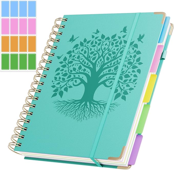QIYVLOS Hardcover Spiral Notebook, B5 Journal with Removable Dividers Tabs, 5 Subject Notebook College Ruled, 320 Pages 8"x10" Leather Notebooks for Work School Study, Lined Journal for Women, Cyan
