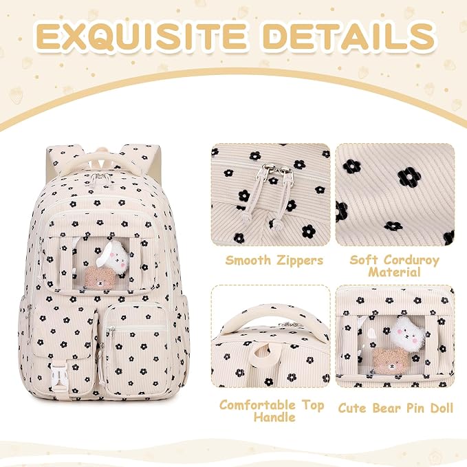 PIG PIG GIRL Corduroy Backpack Kids Backpack for Girls School Bags for Middle School Students Book Bag for Elementary Primary Kawaii Ita Backpack, Flower