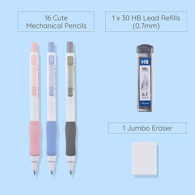 MozArt Cute Mechanical Pencil Set 0.7mm 16PCS Pastel Aesthetic Girls | 30 HB Lead Refills – Aesthetic Pastel Design – Art & Drawing Supplies for Girls, Students & Kids – Cute Writing Pencils