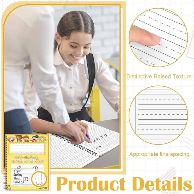 3 Pack Raised Ruled Handwriting Paper Spiral Bound 8.5x11 Inch Raised Lined notebook Writing Practice Writing Paper Kindergarten Practice with ADHD 0.63In Sensory Line Dysgraphia Pad for Kids Students