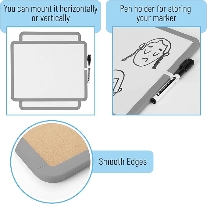 Mr. Pen- Dry Erase Board, 14” x 11” with a Black Dry Erase Marker, Gray Frame, Small Mini White Board for Students, Fridge, Wall, Locker, Includes Double Sided Tapes