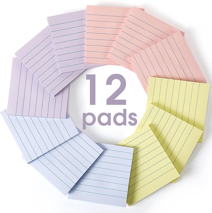 AmazingSpark 12 Pack Pastel Lined Sticky Notes 3x3 Inch Post Ruled Stickies Super Self Stick Power Memo Pads Multi Colors Notes Pads Vintage Aesthetic School Office Supplies Accessories