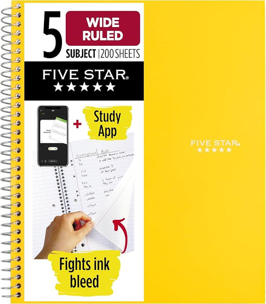 Five Star Spiral Notebook + Study App, 5 Subject, Wide Ruled Paper, 8" x 10-1/2", 200 Sheets, Fights Ink Bleed, Water Resistant Cover, Harvest Yellow (73469) (Pack of 6)