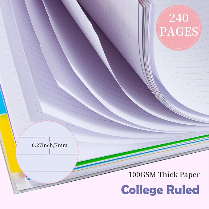 5 Subject Notebook for Work with Removable Dividers Tabs, Large 8.5" x 11 Spiral Lined Notebooks for School Note Taking & Organizer, A4 240 Pages College Ruled Journal for Women & Writing, Purple