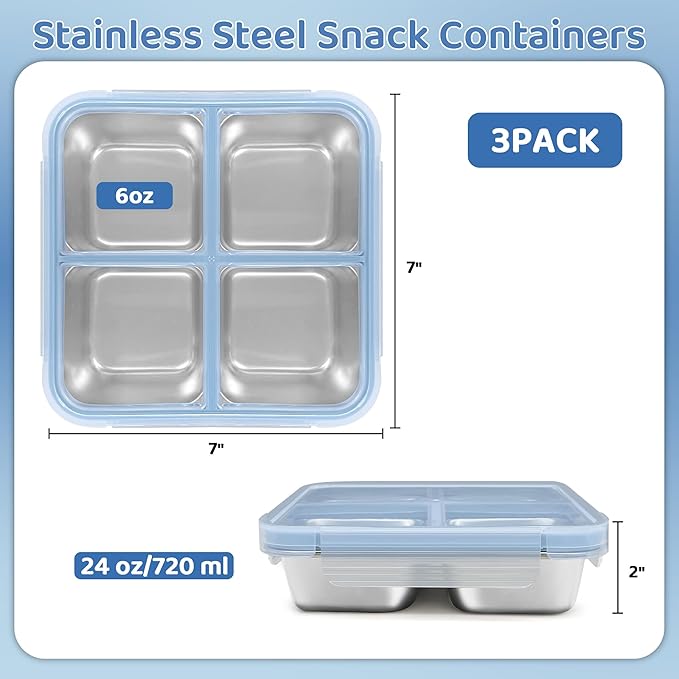 3 Pack Stainless Steel Reusable Snack Containers with Lids, 4 Compartment, Leakproof, 24.5 oz Food Storage & Meal Prep Containers, Bento Lunch Box for Adults,Men,Women(Blue)