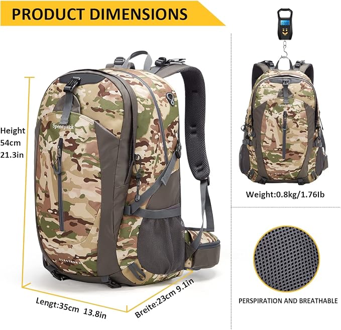 SPEEDPARK 40L Hiking Backpack, Lightweight Camping Daypack with Rain Cover | Water-Resistant Rip-Stop Nylon, Multi-Pockets, Survival Whistle. Ideal For Men, Women, Travel, Trekking