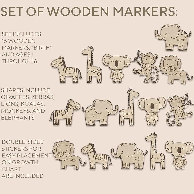 3D Wooden Growth Ruler Markers for Kids Height Measurement, Safari Shapes for Boys Nursery.