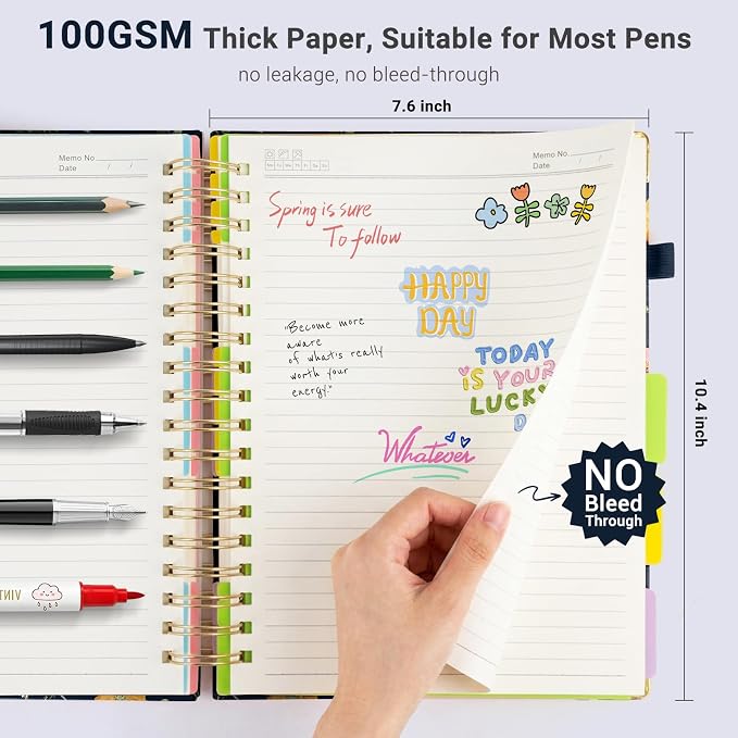 Hardcover Spiral Journal Notebook, 300 Pages 5 Subject Notebook College Ruled with Removable Dividers Tabs, 8" x 10" Notebooks for Work, Spiral Ruled Lined Writing Journal Hardcover Leather Notebook for School (Navy Blue Floral, 8''x 10'')
