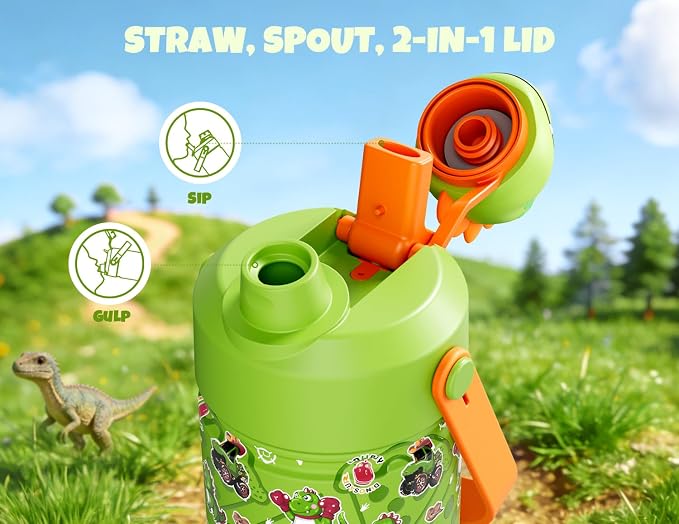 POWCAN Kids Water Bottle for School: 2-in-1 Straw Spout Lid with Soft Animal Head, Leakproof, Backpack Friendly, Keep Cold 24H, Insulated cup for Sports, Playground, Holiday Gift, Cowboy Rex 12 Ounces