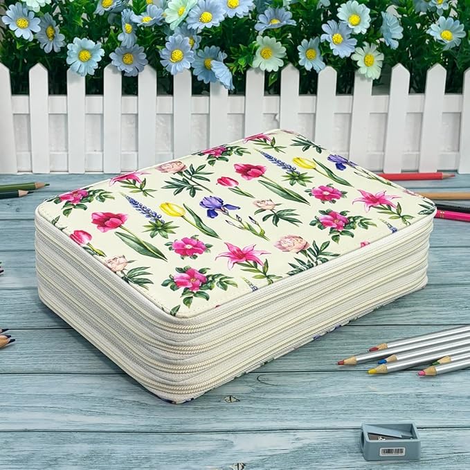 YOUNGCOL 200 Slots Colored Pencil Case Color Pencil Organizer Storage Large Capacity Pencil Case (Faint Yellow + Flower)