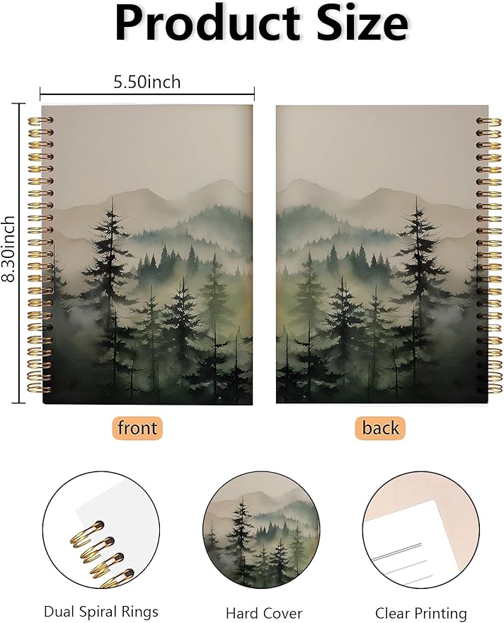 Nature Misty Forest Spiral Notebook, Rustic Pine Tree Journal, Green Forest Landscape Journal for Women, Nature Lovers Gifts for Women Notebook 5.5x8.3 Inch-392