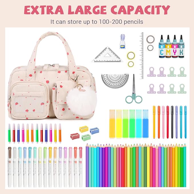 Pencil Case Corduroy Multiple Compartments Pouch Bag for Girl, Strawberry