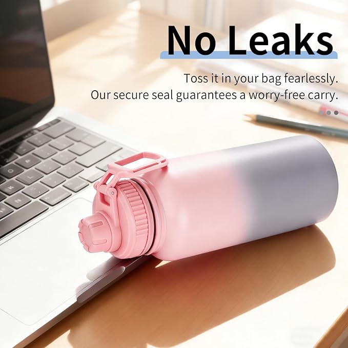 Gulex Water Bottle 32oz - Leakproof & BPA Free Sports Water Bottle Carry Strap for Gym, Travel and Outdoor Sports (Stainless steel insulation-Pink)