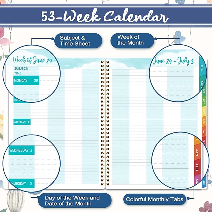 Teacher Planner 2026-2027 - Teacher Lesson Planner 2026-2027, 8.5”x11”, July 2026 - June 2027, Teacher Planner Academic Year, Colorful Monthly Tabs, Holidays, Pocket - Floral