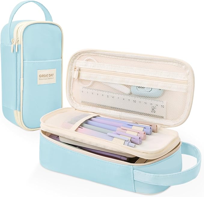 SKYDUE Light Blue Pencil Case for Girls & Boys - Aesthetic Pencil Bag with Multi-Compartment, Large Capacity Zippered Pencil Pouch for School Supply