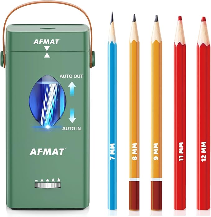 AFMAT Electric Pencil Sharpener, Rechargeable & Cordless, Fully Automatic Pencil Sharpener for Classroom, Auto in & Out, 5 Sharpness Modes, Heavy Duty Sharpeners for 6-12mm No.2/Jumbo Pencils PSC7